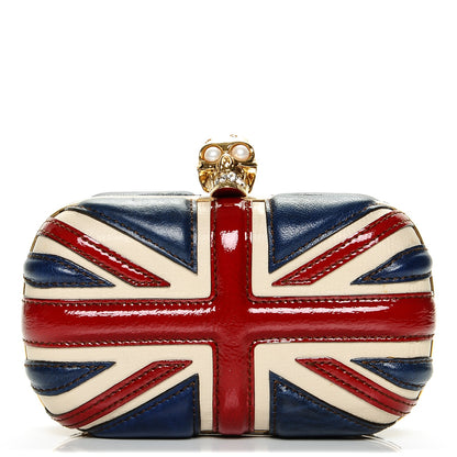 Alexander McQueen Patent Calfskin Britannia Skull Box Clutch Red Blue 1 of 7