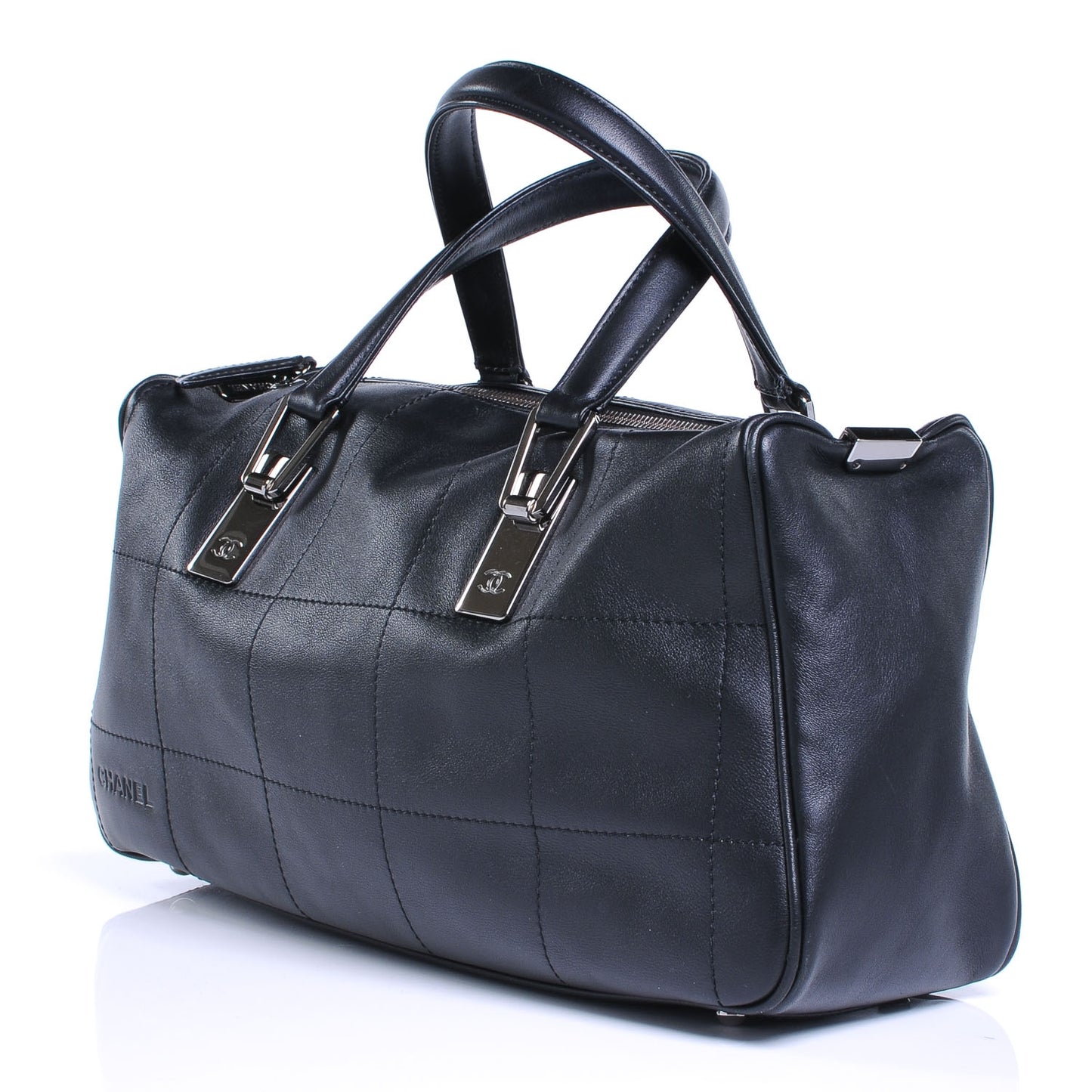 Leather Square Stitched Handbag Black