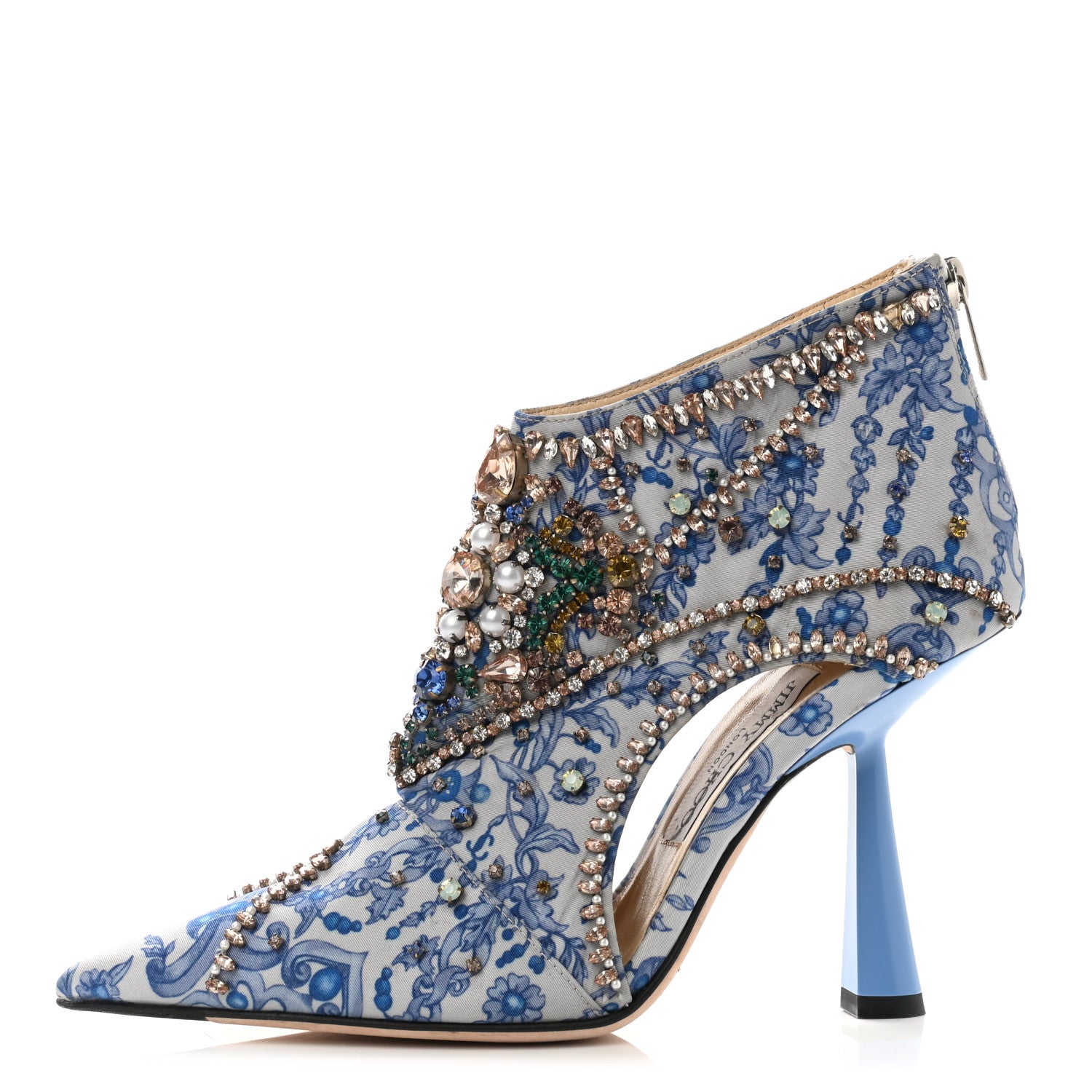 Jimmy Choo Silk Embellished Printed Kendrix 100 Ankle Booties 37 Blue 1 of 9