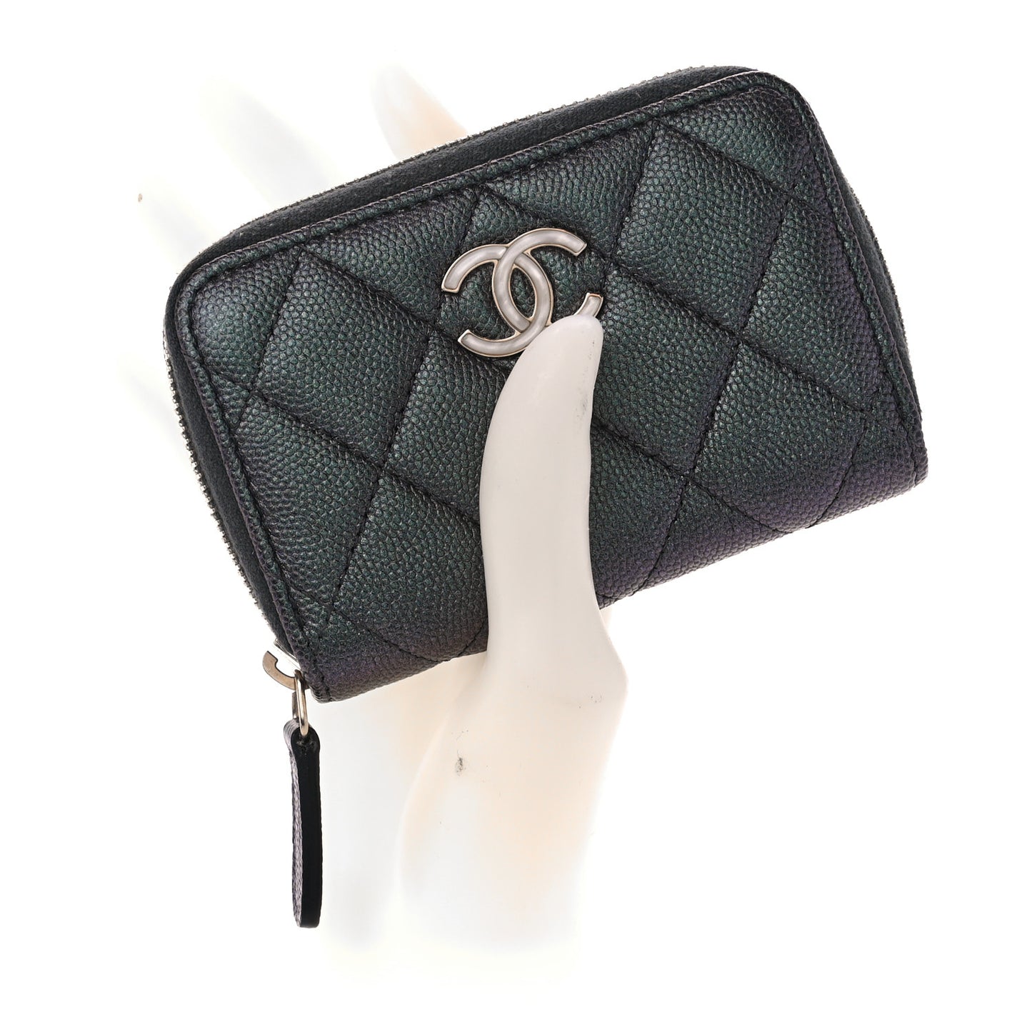Iridescent Caviar Quilted Zip Coin Purse Black