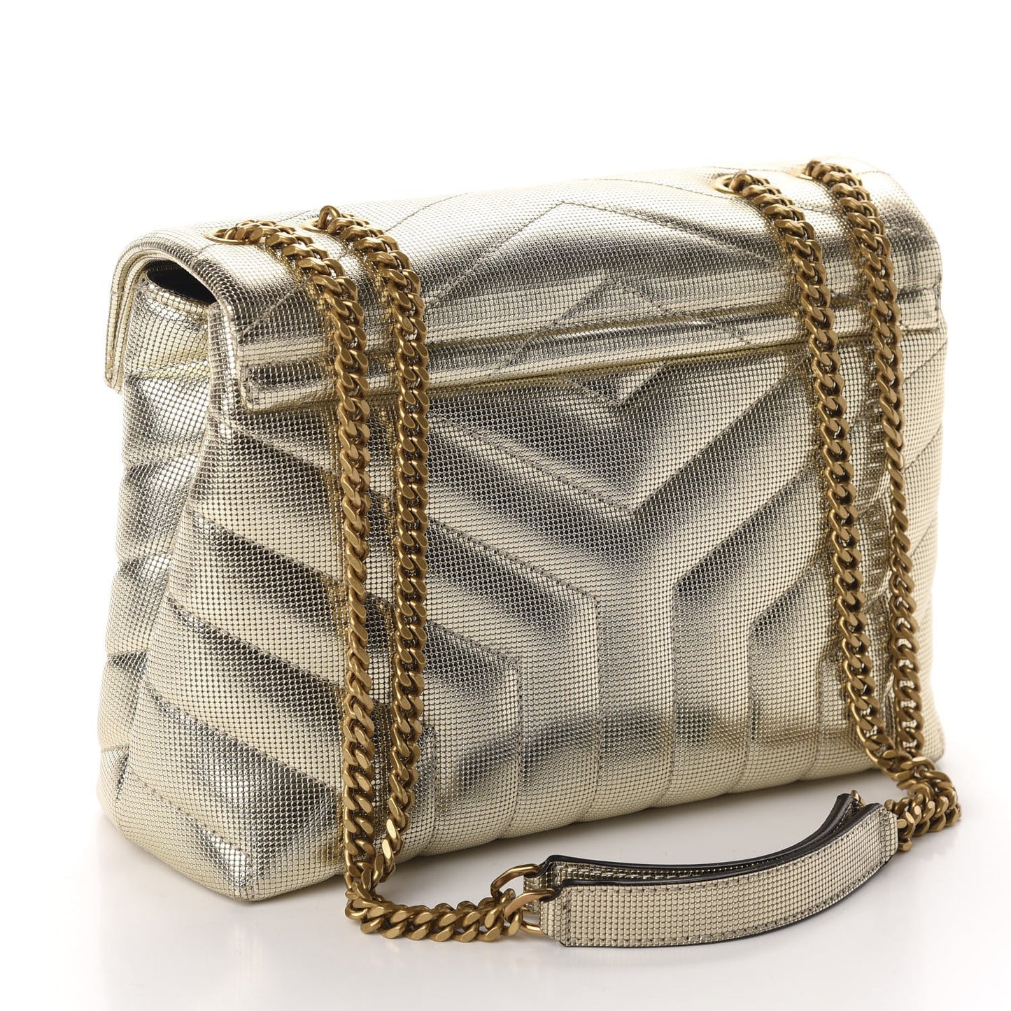 Metallic Calfskin Y Quilted Small Loulou Monogram Chain Satchel Platino