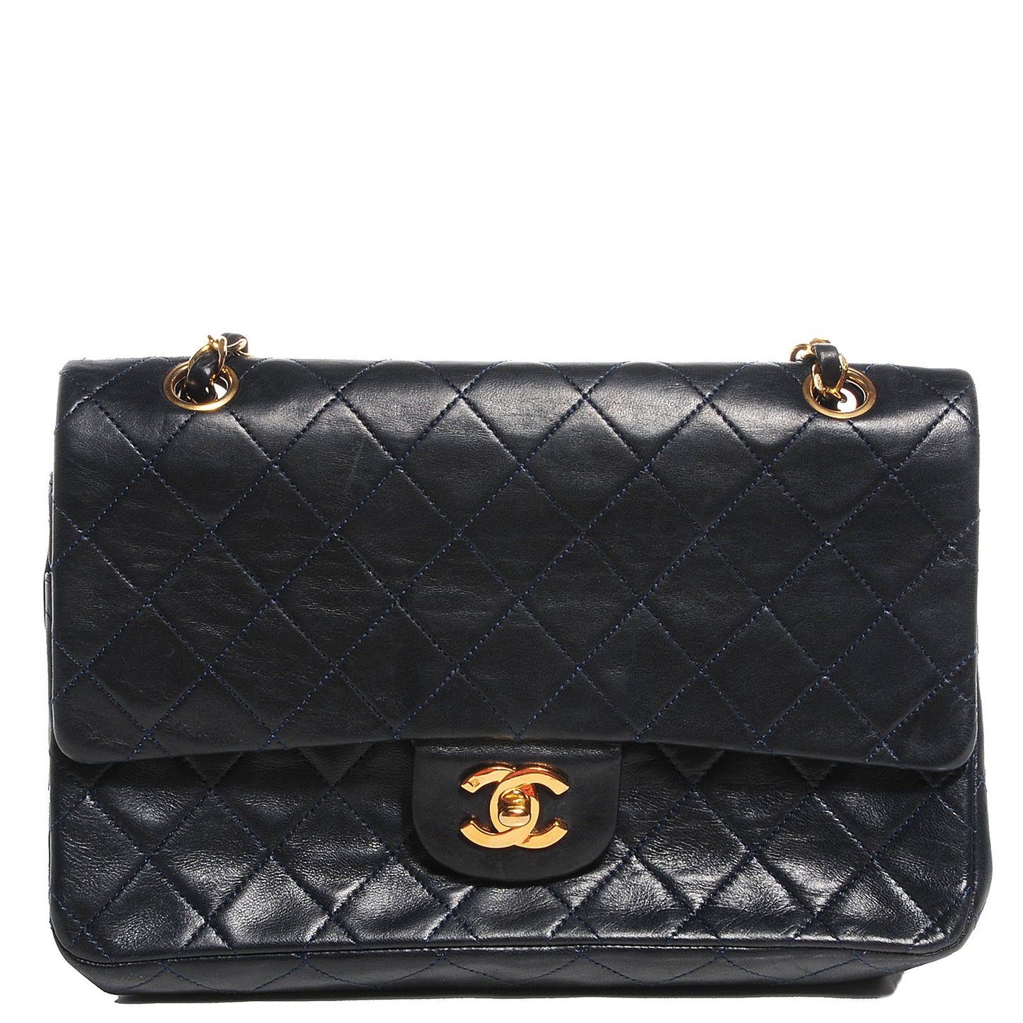 Lambskin Quilted Medium Double Flap Navy