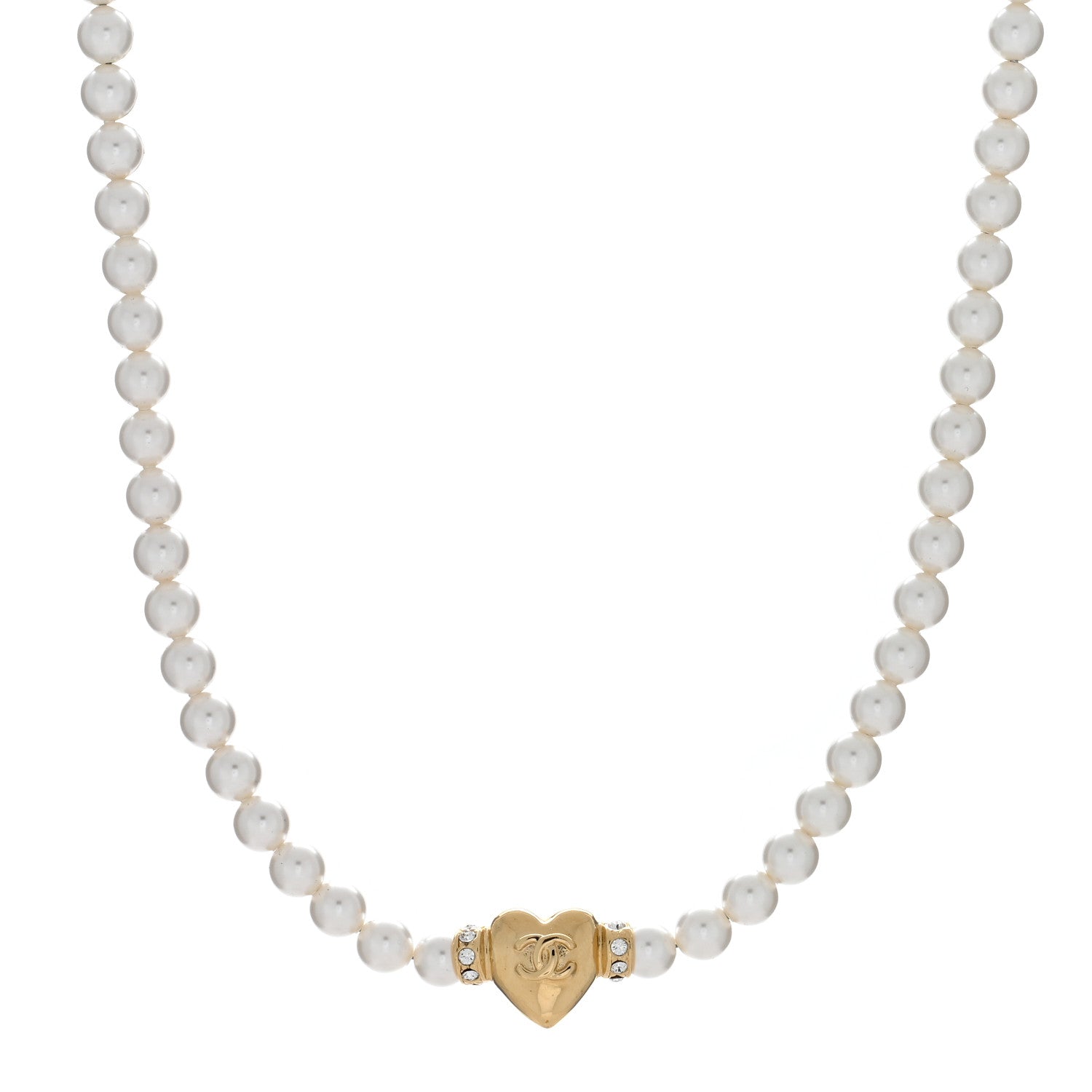 Chanel Crystal Pearl CC Heart Choker Necklace Gold 1 of 4