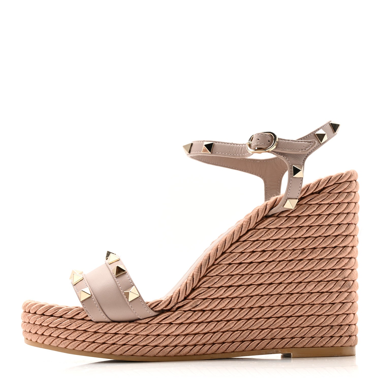 Valentino Garavani Silk Calfskin Rockstud Torchon Espadrille Wedge Sandals 38.5 Poudre 1 of 13