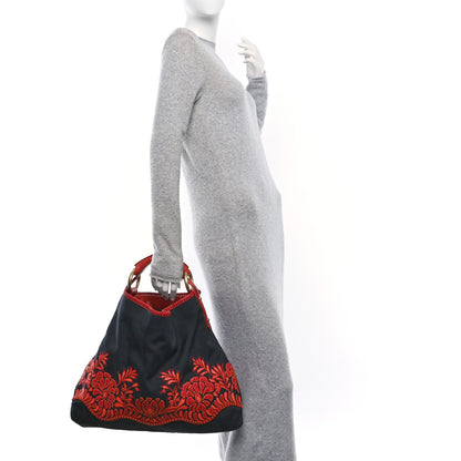 Gucci Lizard Canvas Embroidered Large Horsebit Chain Hobo Black Red 2 of 10