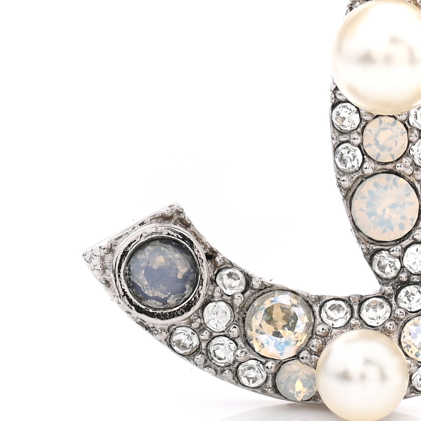 Pearl Crystal CC Mini Brooch Silver