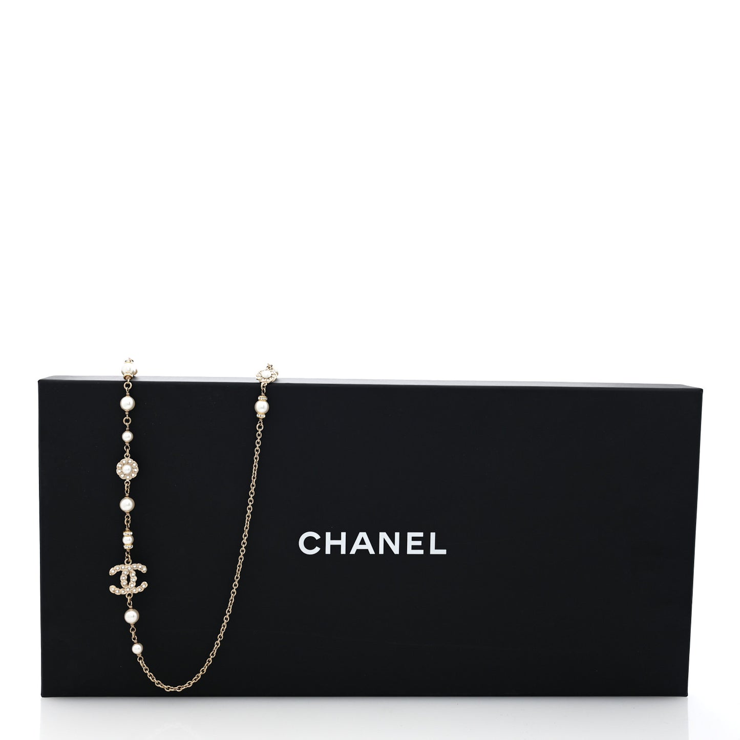 Pearl Crystal CC Long Necklace Gold