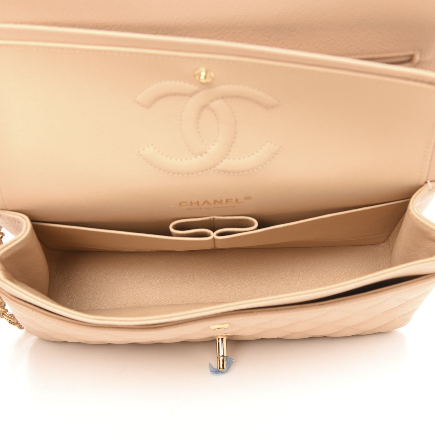 Caviar Quilted Medium Double Flap Beige