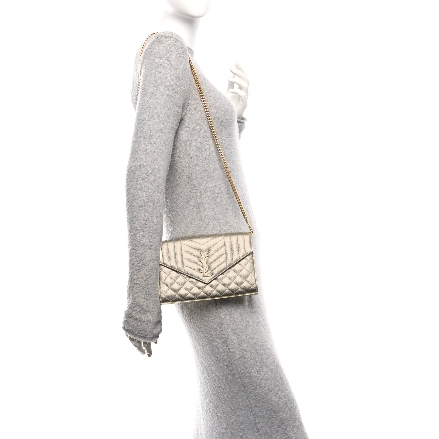 Metallic Calfskin Tri-Quilt Monogram Envelope Chain Wallet Grey Oro