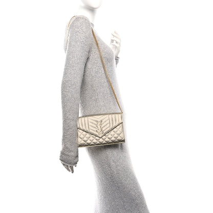 Saint Laurent Metallic Calfskin Tri-Quilt Monogram Envelope Chain Wallet Grey Oro 2 of 10