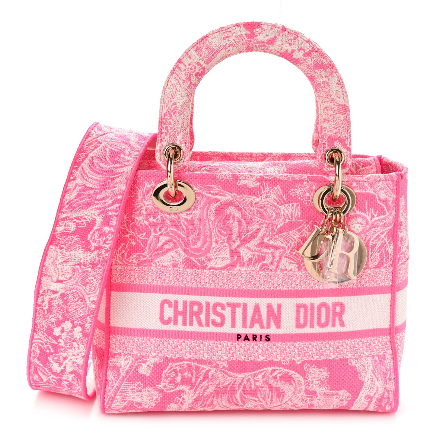 CHRISTIAN DIOR Canvas Toile De Jouy Reverse Embroidered Medium Lady D-Lite Fluorescent Pink