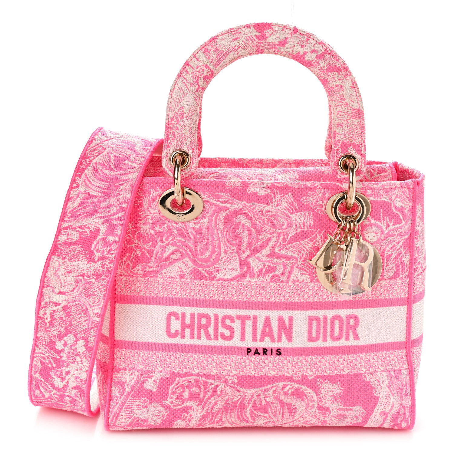 Christian Dior CHRISTIAN DIOR Canvas Toile De Jouy Reverse Embroidered Medium Lady D-Lite Fluorescent Pink 1 of 10