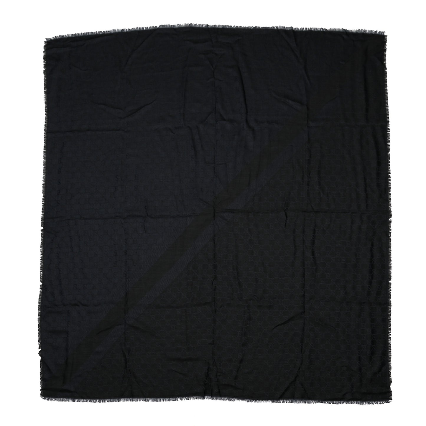 Wool Silk Monogram GGWeb Fringe Shawl Navy Black