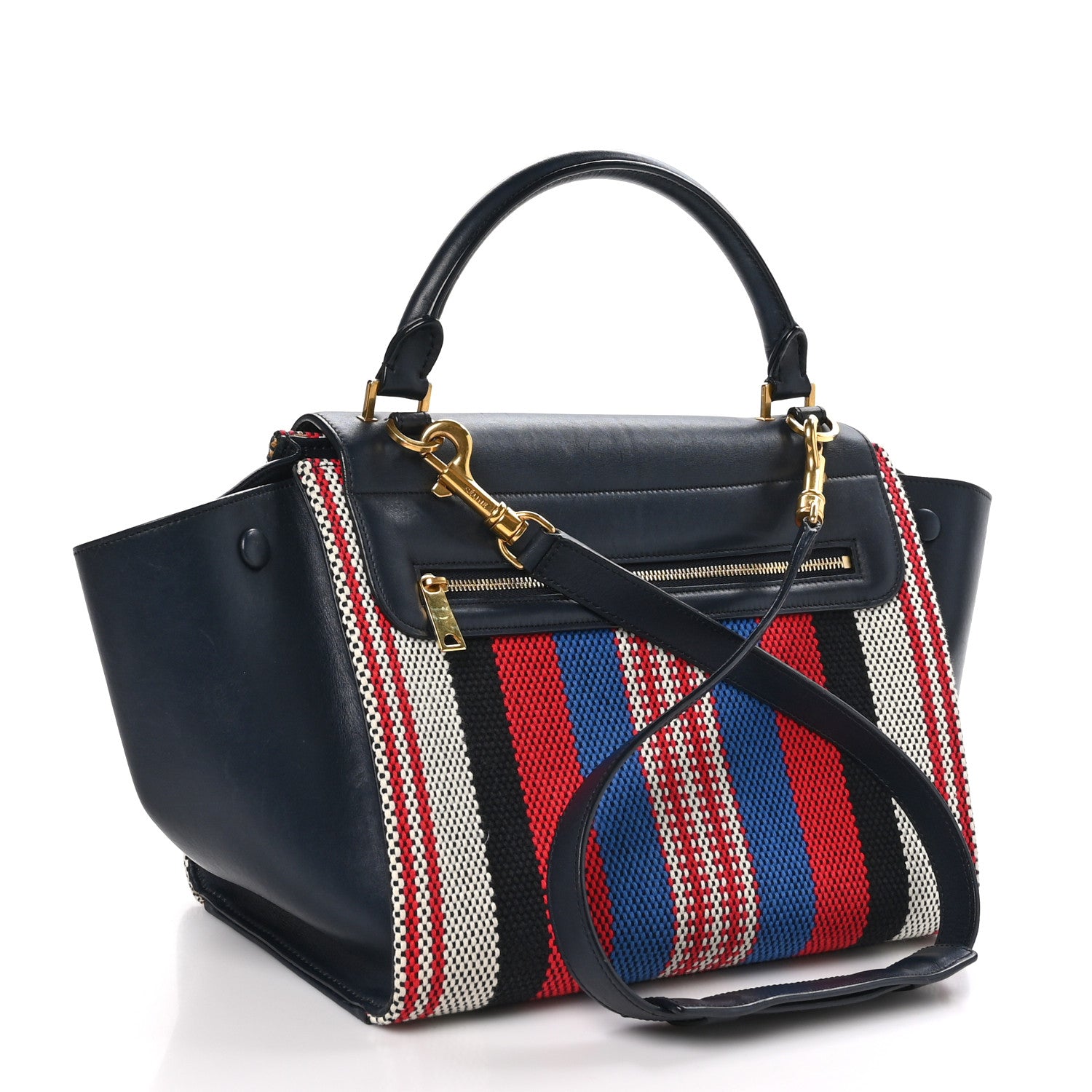 Celine Smooth Calfskin Striped Canvas Small Trapeze Navy Blue 3 of 9