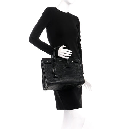 Saint Laurent Calfskin Crocodile Embossed Small Supple Sac de Jour Black 2 of 19