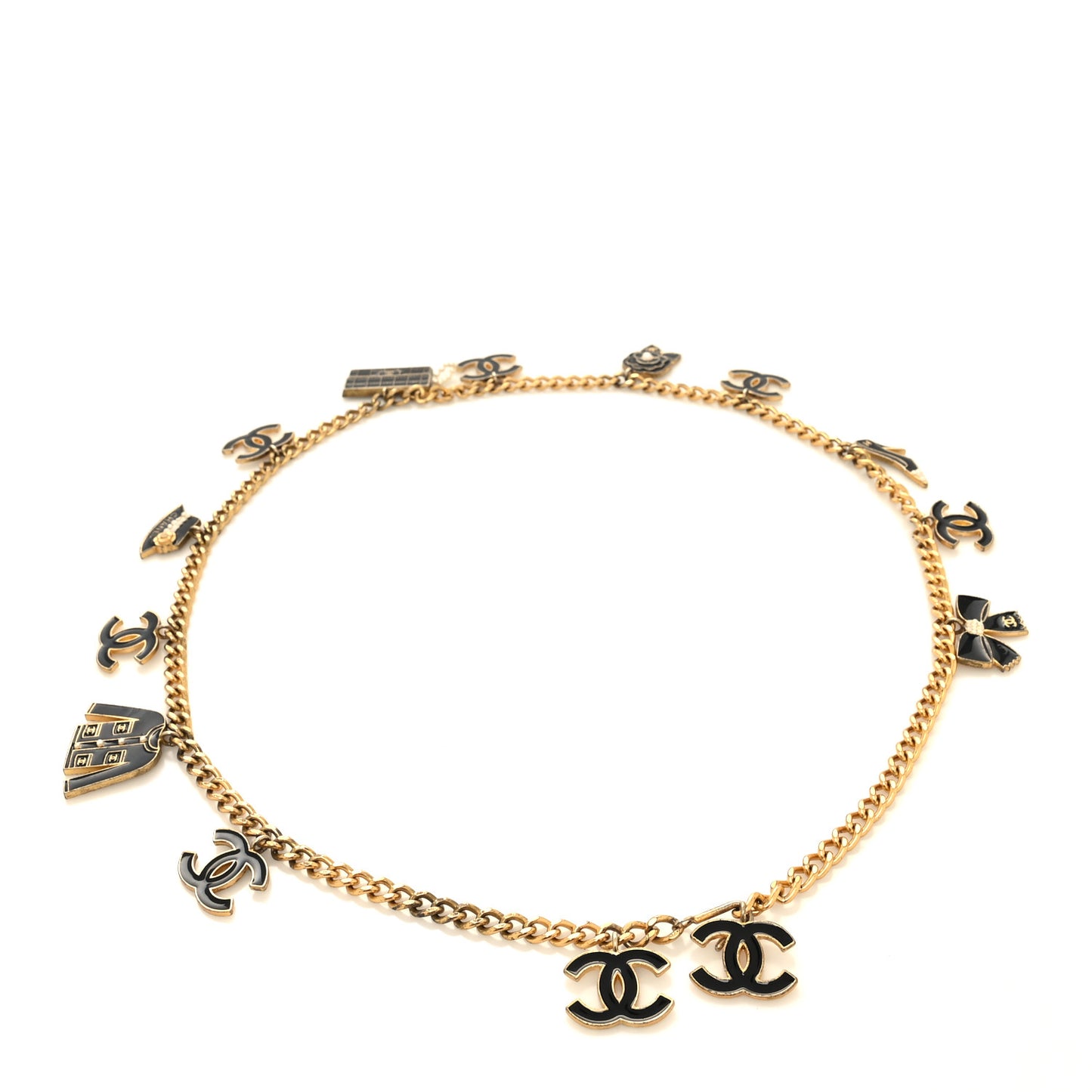 Metal Enamel Chain Logo Charm Belt Gold Black