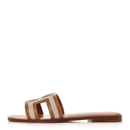 Hermes Calfskin Canvas Oran Sandals 37 Noisette Beige Dore 1 of 9