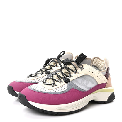 Chanel Fabric Suede Calfskin Mesh Womens CC Sneakers 41 Purple Ivory White 4 of 9
