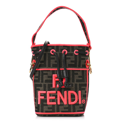 Fendi Fabric Jacquard Shiny Nappa FF 1974 Logo Threaded Edge Mini Mon Tresor Bucket Bag Tobacco Moro Fuxia Fluo 1 of 9
