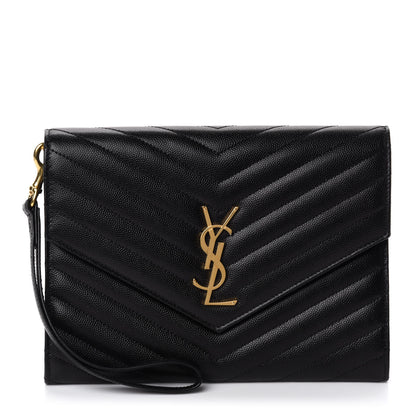 Saint Laurent Grain De Poudre Matelasse Chevron Monogram Envelope Clutch Black 1 of 11