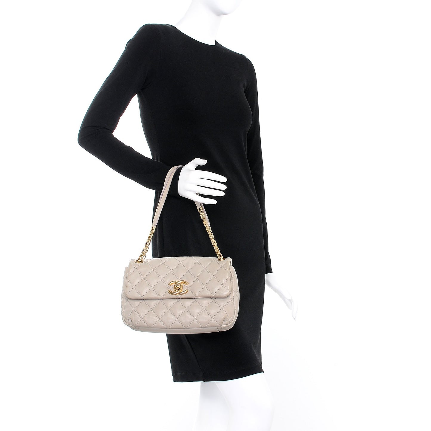 Calfskin Quilted Retro Chain Flap Beige