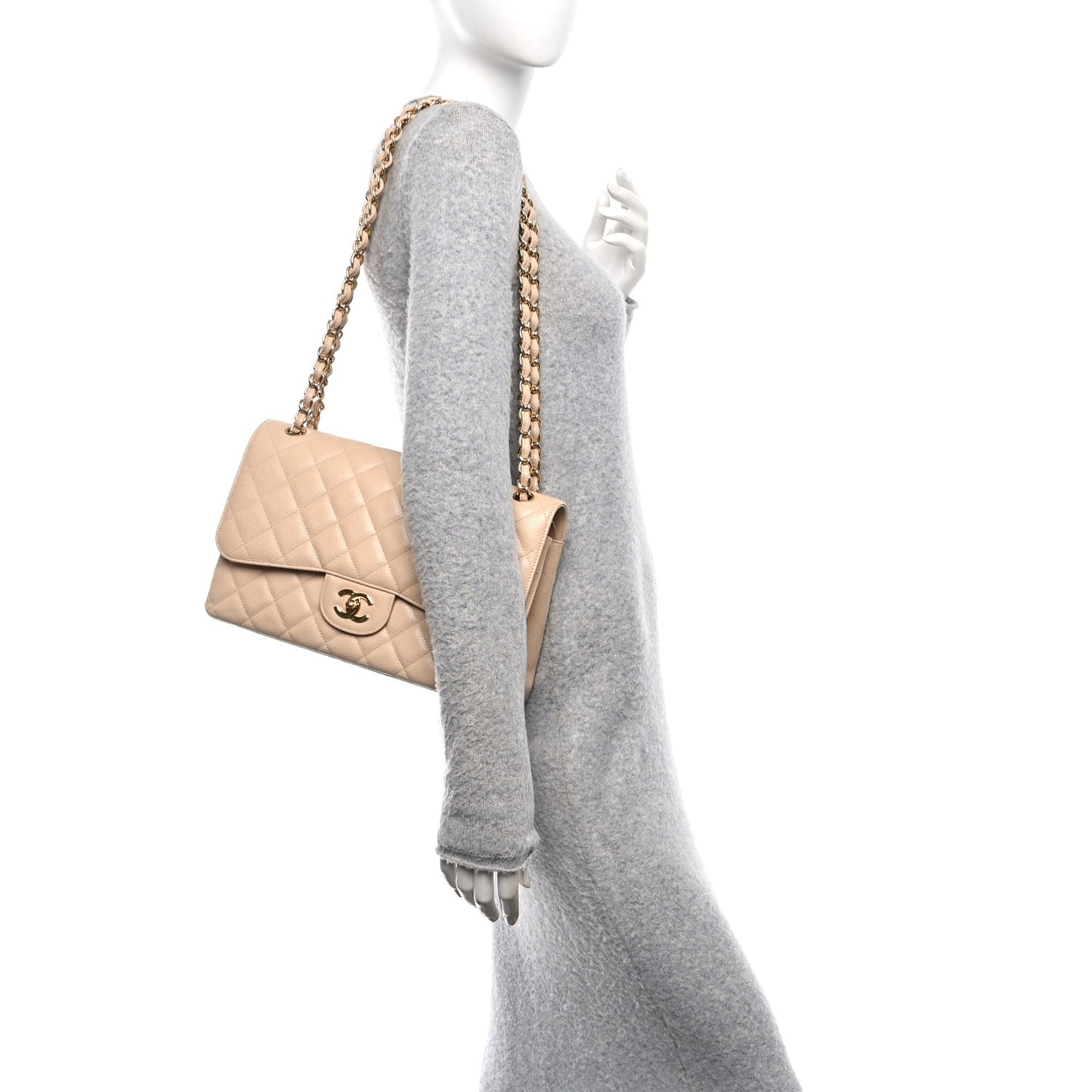 Caviar Quilted Jumbo Double Flap Beige Clair