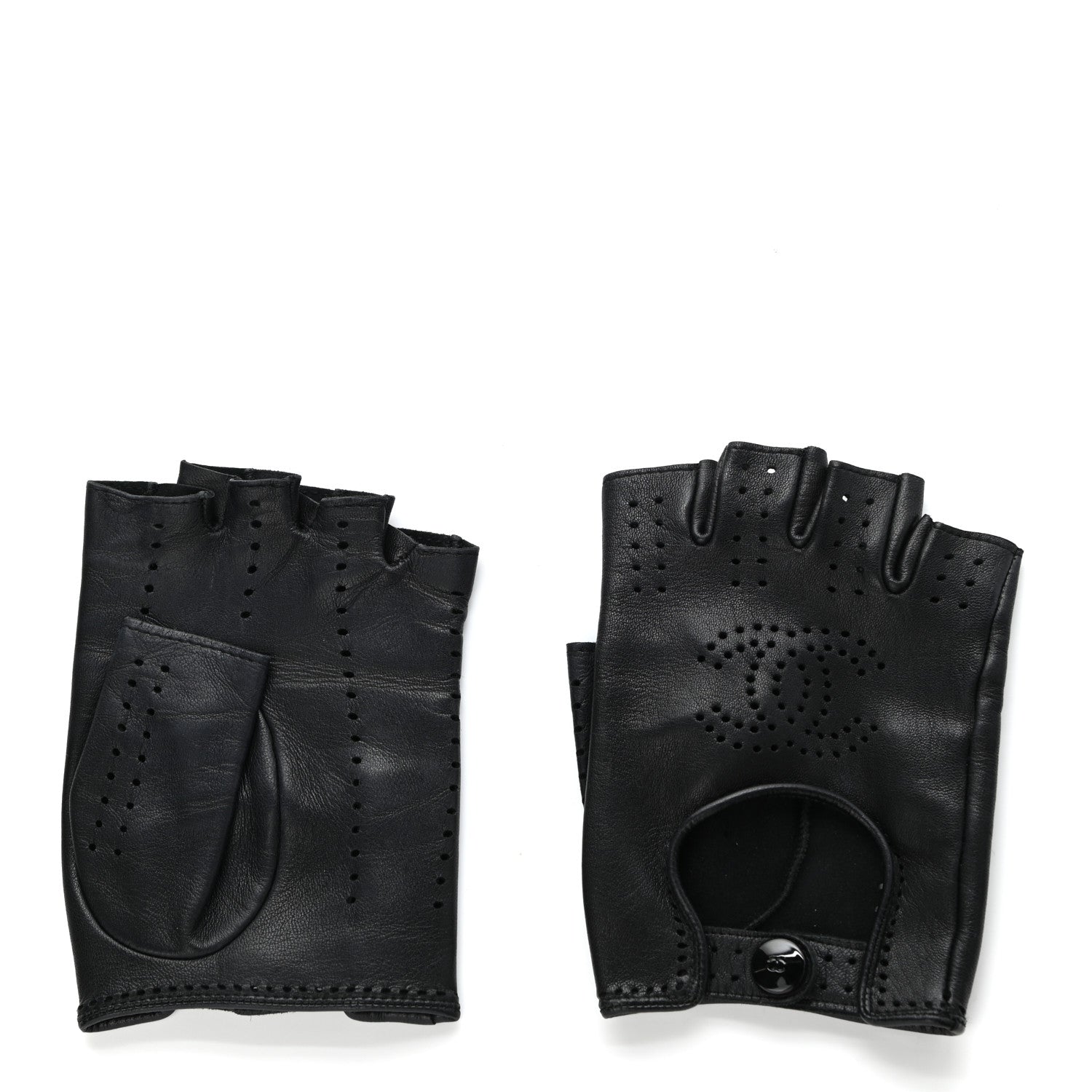 Chanel Lambskin Perforated CC Fingerless Gloves 7.5 Black 1 of 5