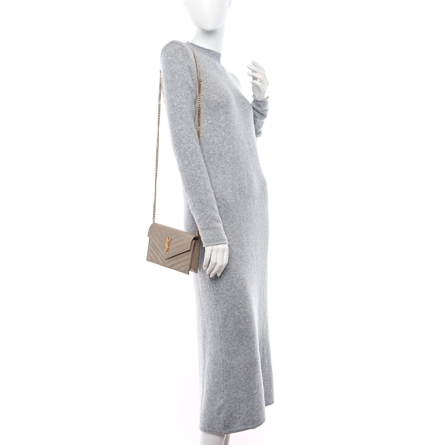 Saint Laurent Grain De Poudre Matelasse Chevron Monogram Envelope Chain Wallet Dark Beige 3 of 9