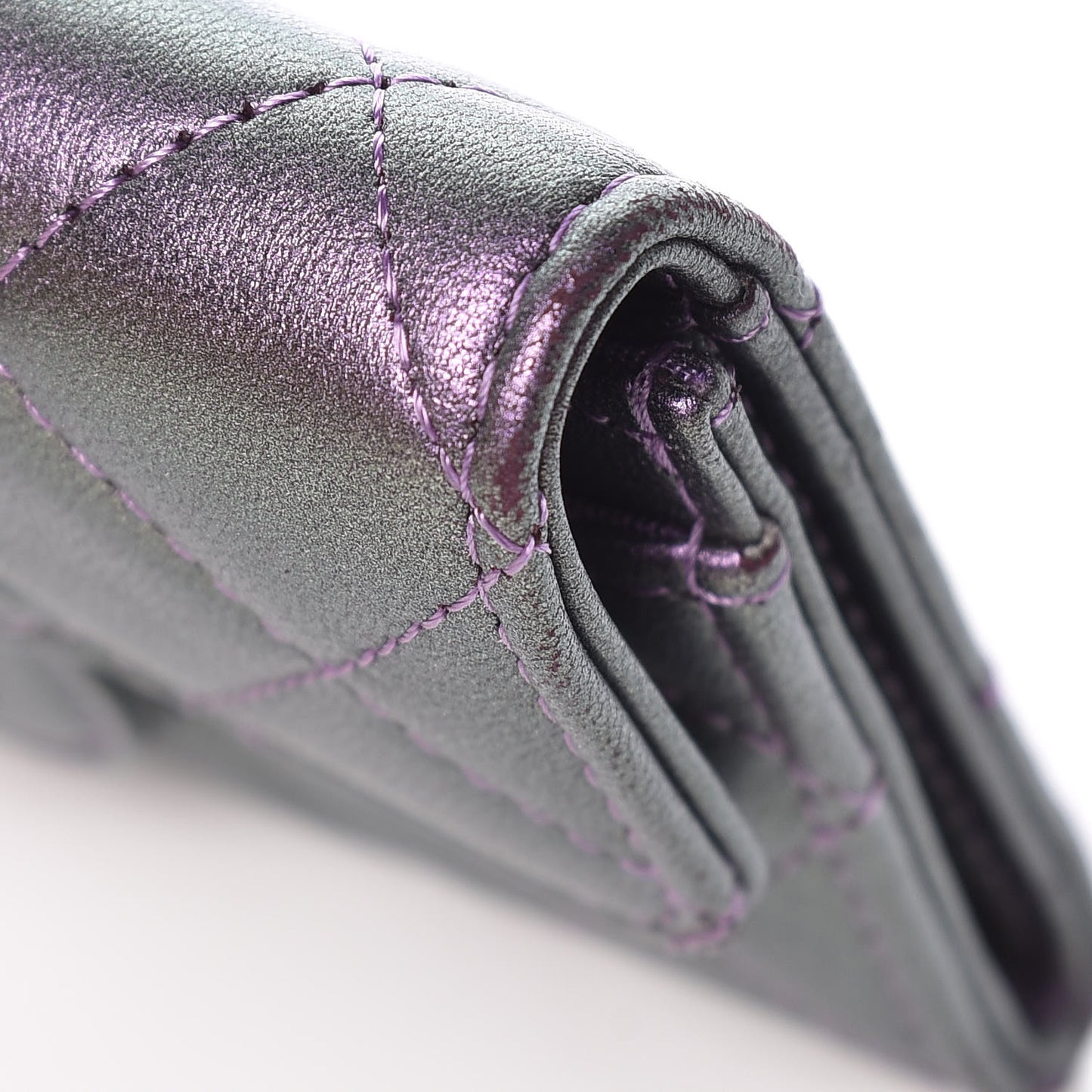Metallic Lambskin Quilted Flap Card Holder Dark Purple