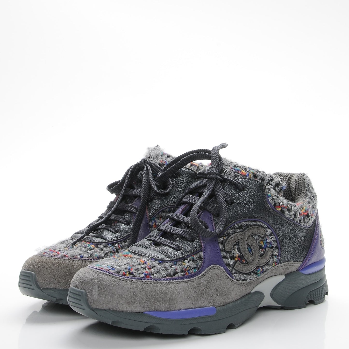 Suede Tweed Goatskin CC Sneakers 36 Grey Purple