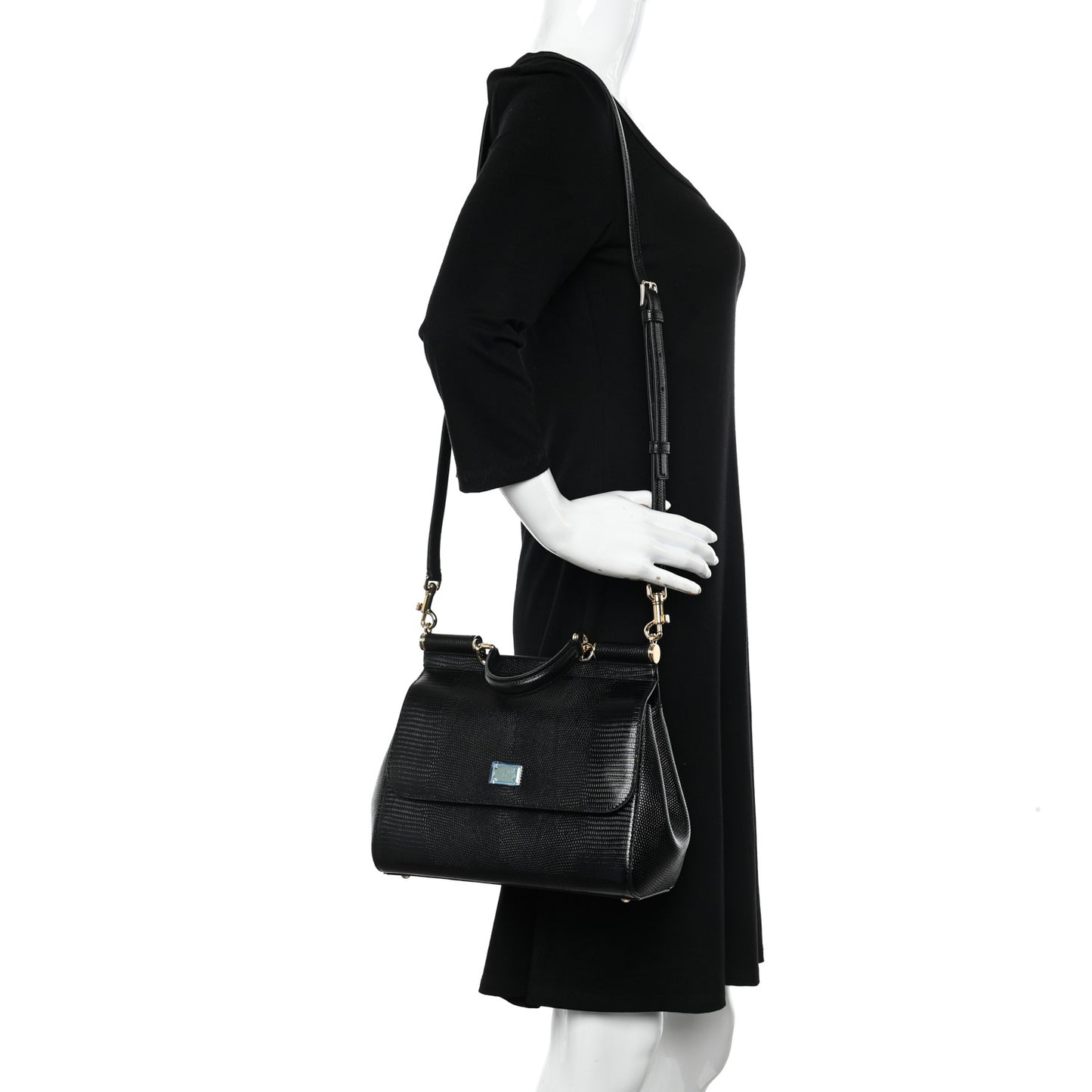 Iguana Calfskin Embossed Medium Miss Sicily Satchel Black