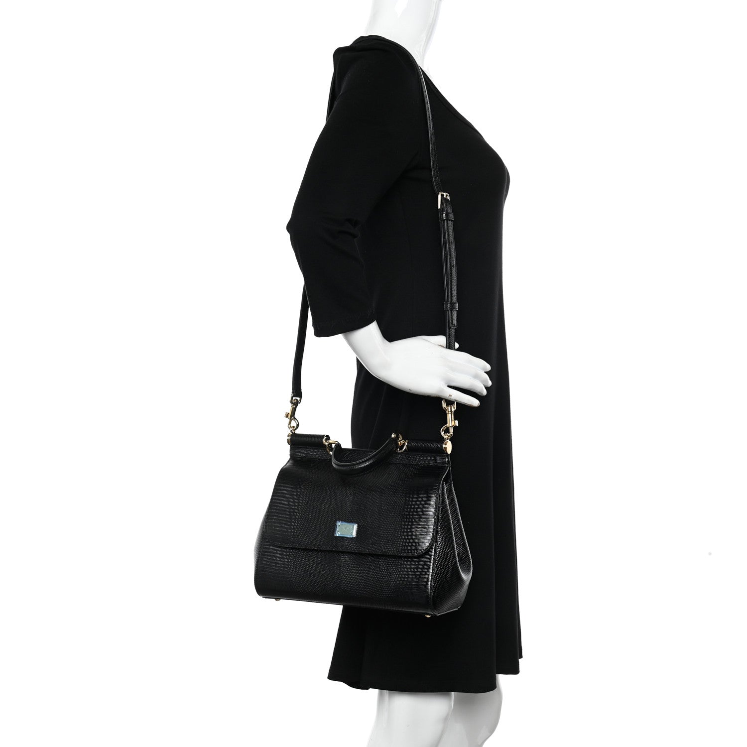 Dolce & Gabbana Iguana Calfskin Embossed Medium Miss Sicily Satchel Black 2 of 9