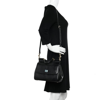 Dolce & Gabbana Iguana Calfskin Embossed Medium Miss Sicily Satchel Black 2 of 9