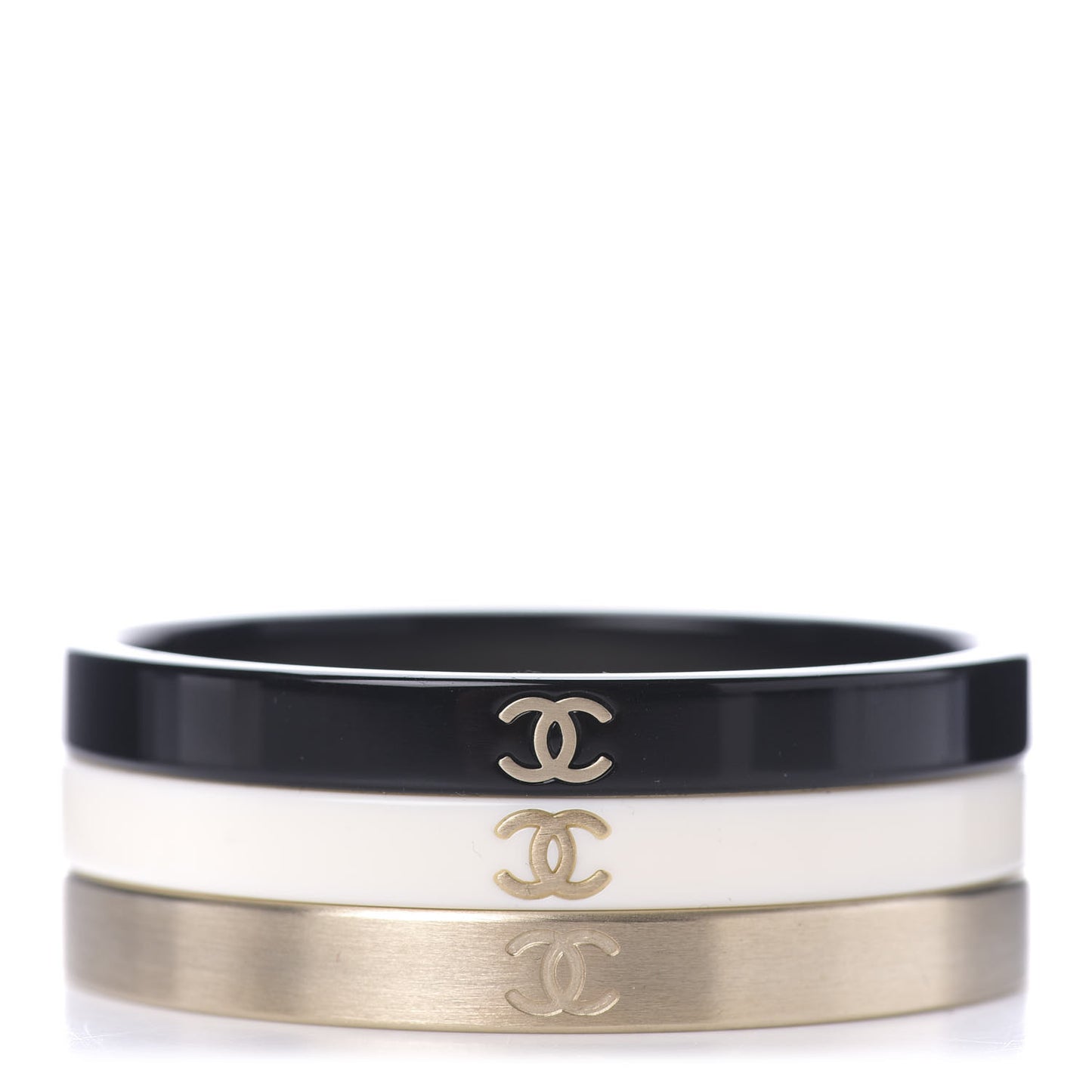 Resin Metal CC Bangle Set of 3 Black White Gold