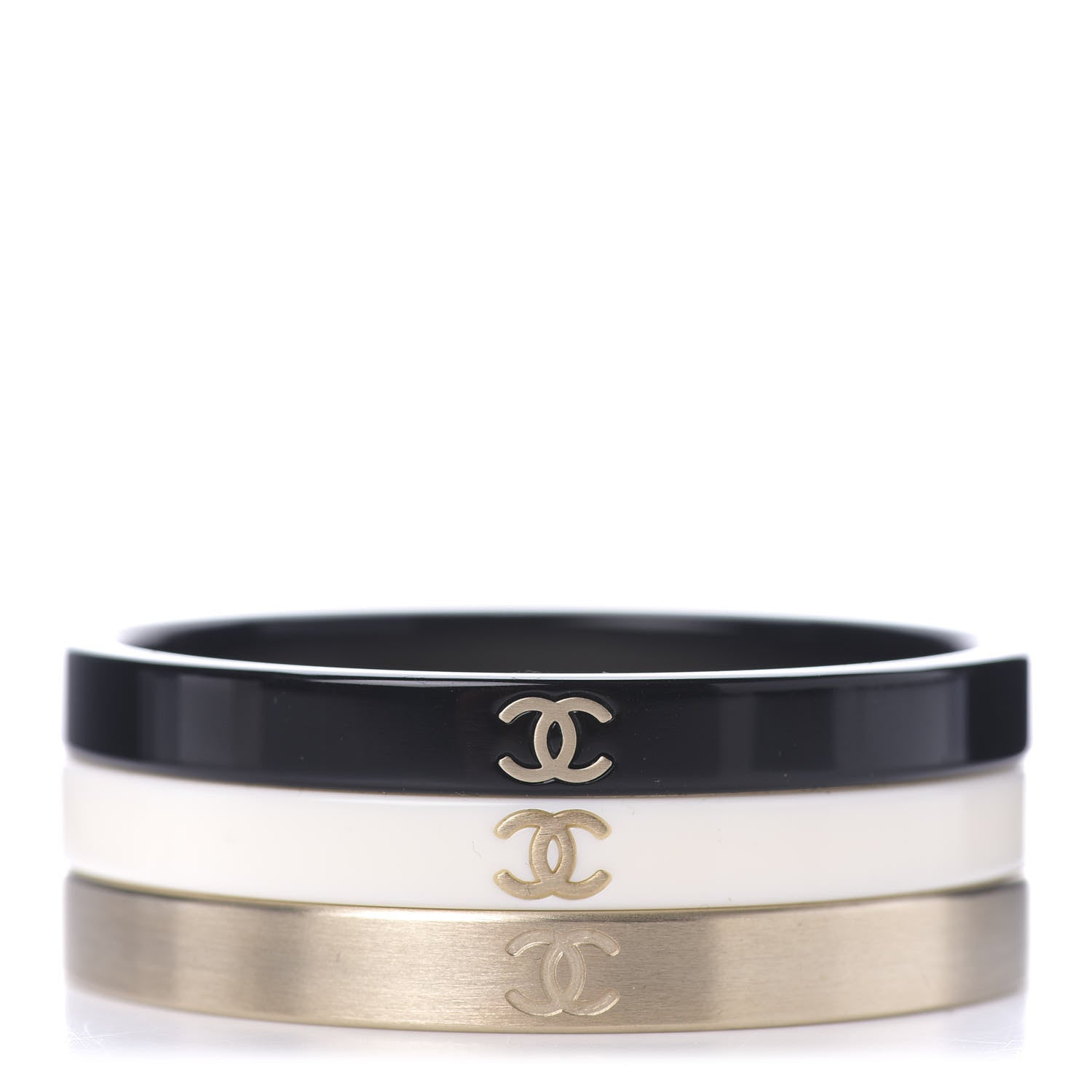Chanel Resin Metal CC Bangle Set of 3 Black White Gold 1 of 5