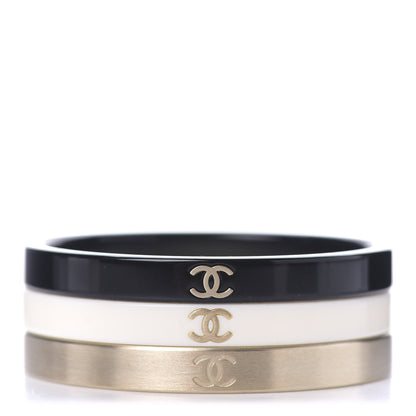 Chanel Resin Metal CC Bangle Set of 3 Black White Gold 1 of 5