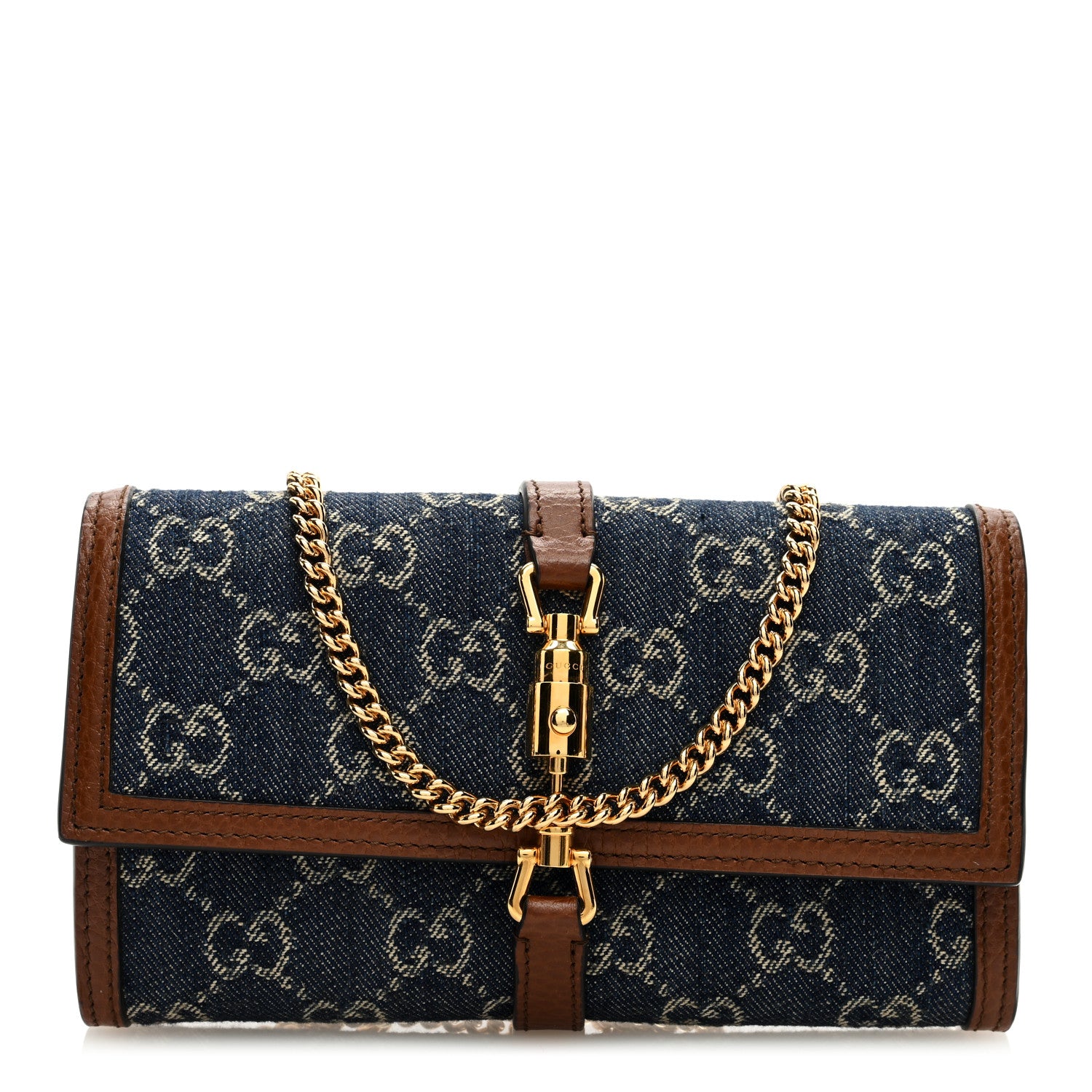 Gucci New Denim GG Monogram Jackie 1961 Chain Wallet Blue Tea Cuir 1 of 8