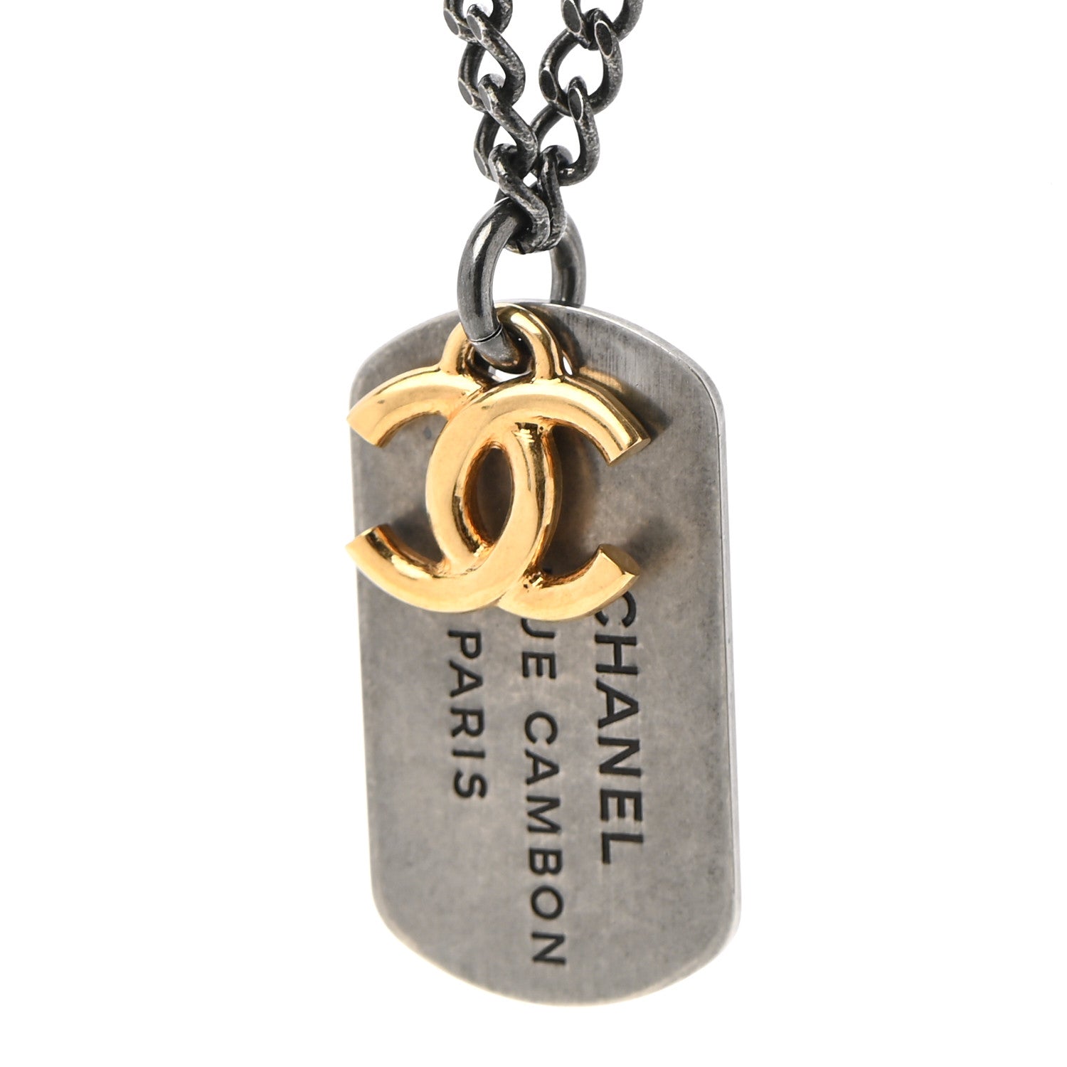 Chanel Ruthenium ID Dog Tag Charm Necklace Silver Gold 4 of 7