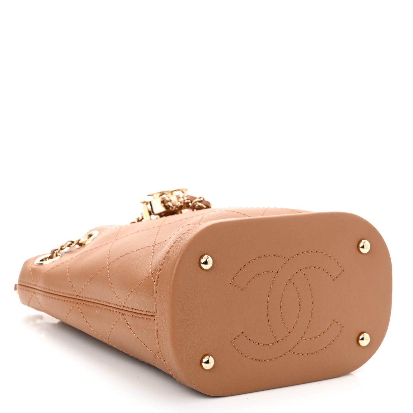 Calfskin Stitched Chain Bucket Bag Camel