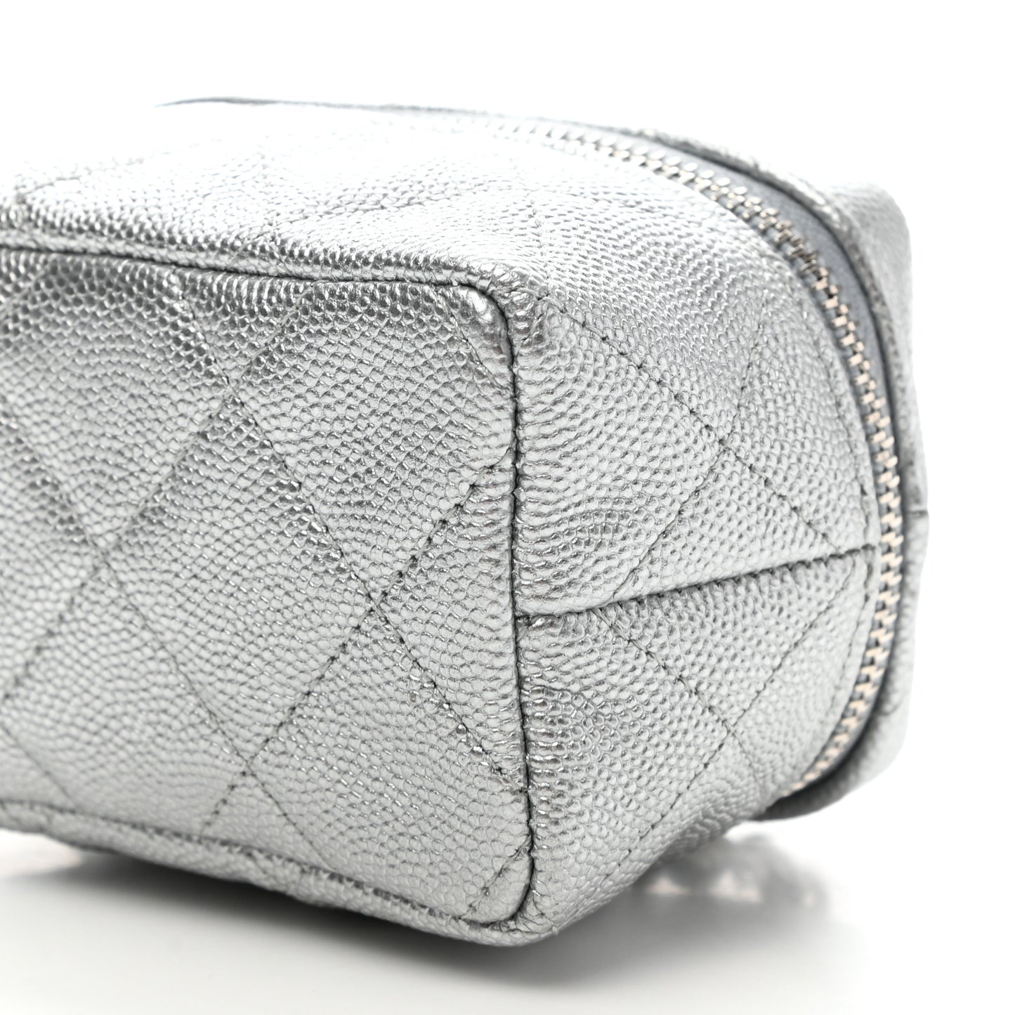Metallic Caviar Quilted Mini Top Handle Vanity With Chain Silver