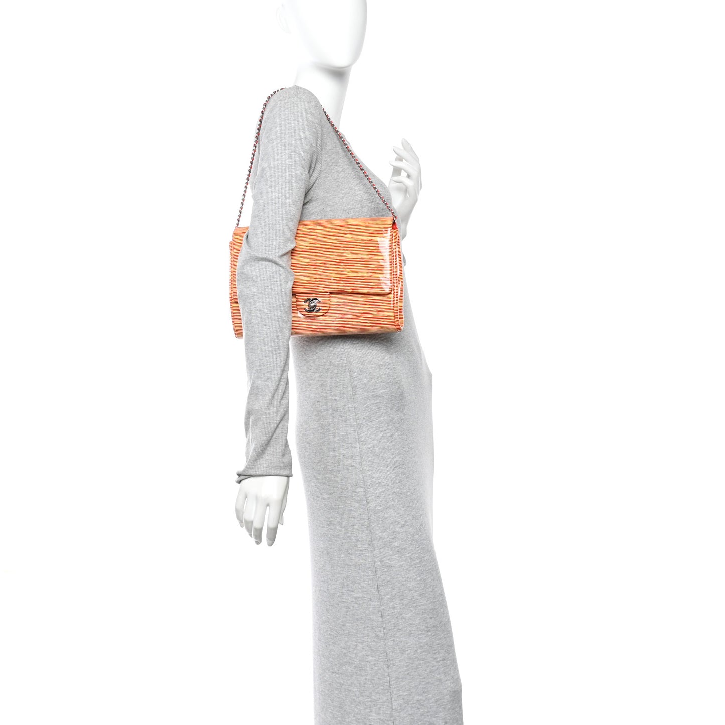Patent Calfskin Striped Clutch With Chain Flap Red