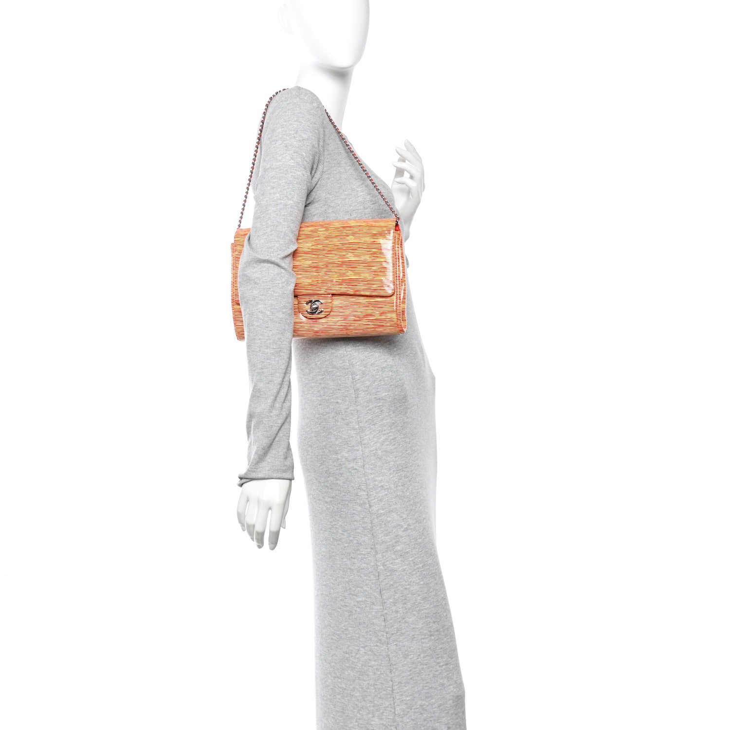 Chanel Patent Calfskin Striped Clutch With Chain Flap Red 2 of 11