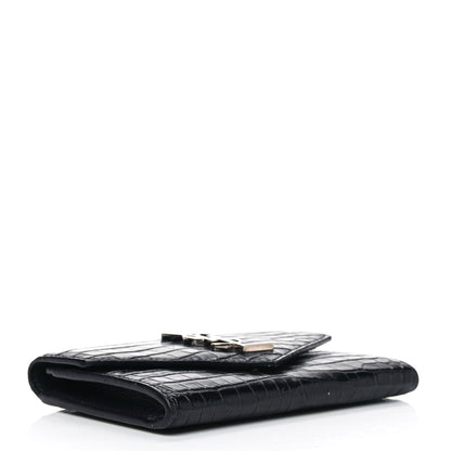 Saint Laurent Calfskin Crocodile Embossed Small Monogram Envelope Wallet Deep Marine 3 of 5