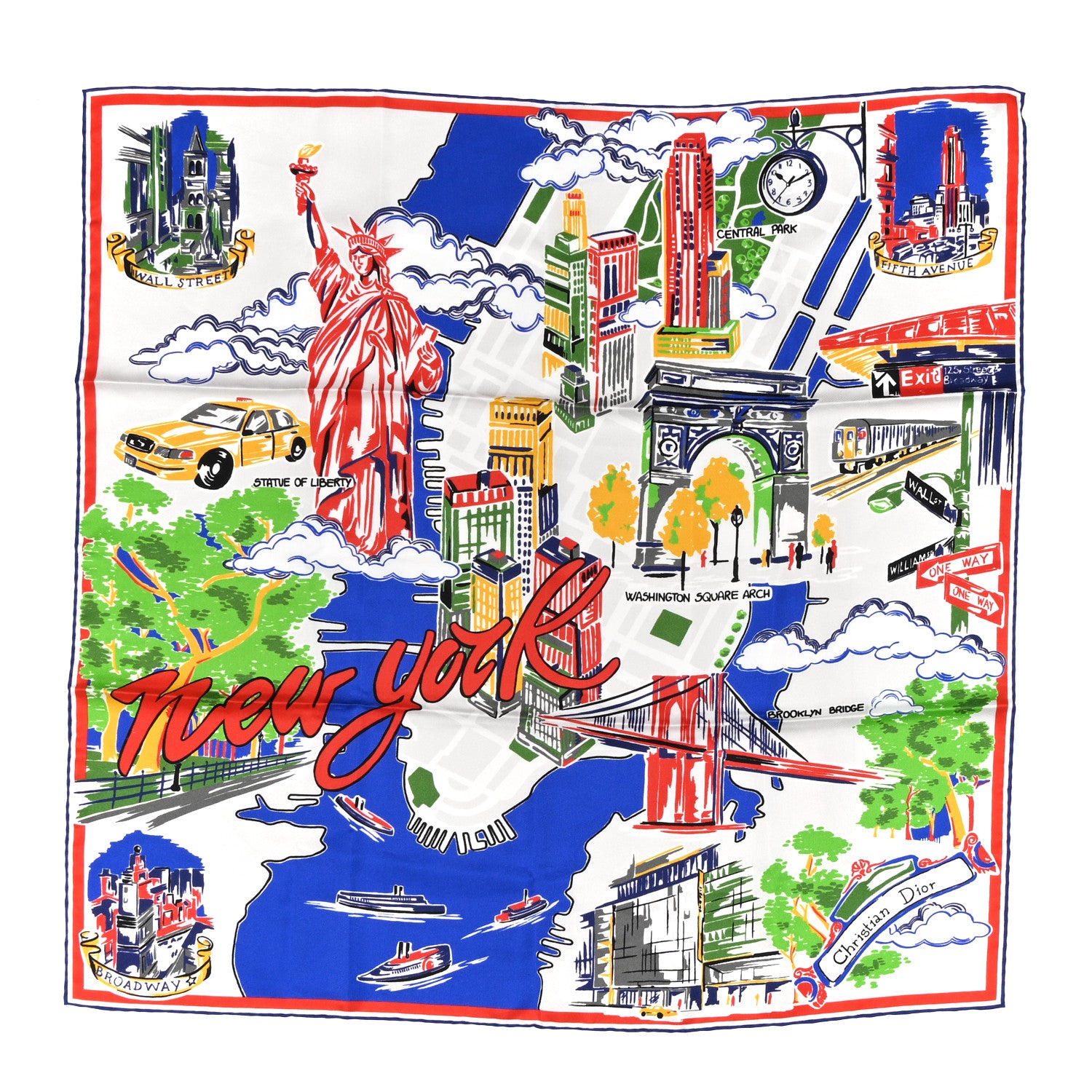 Christian Dior Silk New York 70 Square Scarf White Multicolor