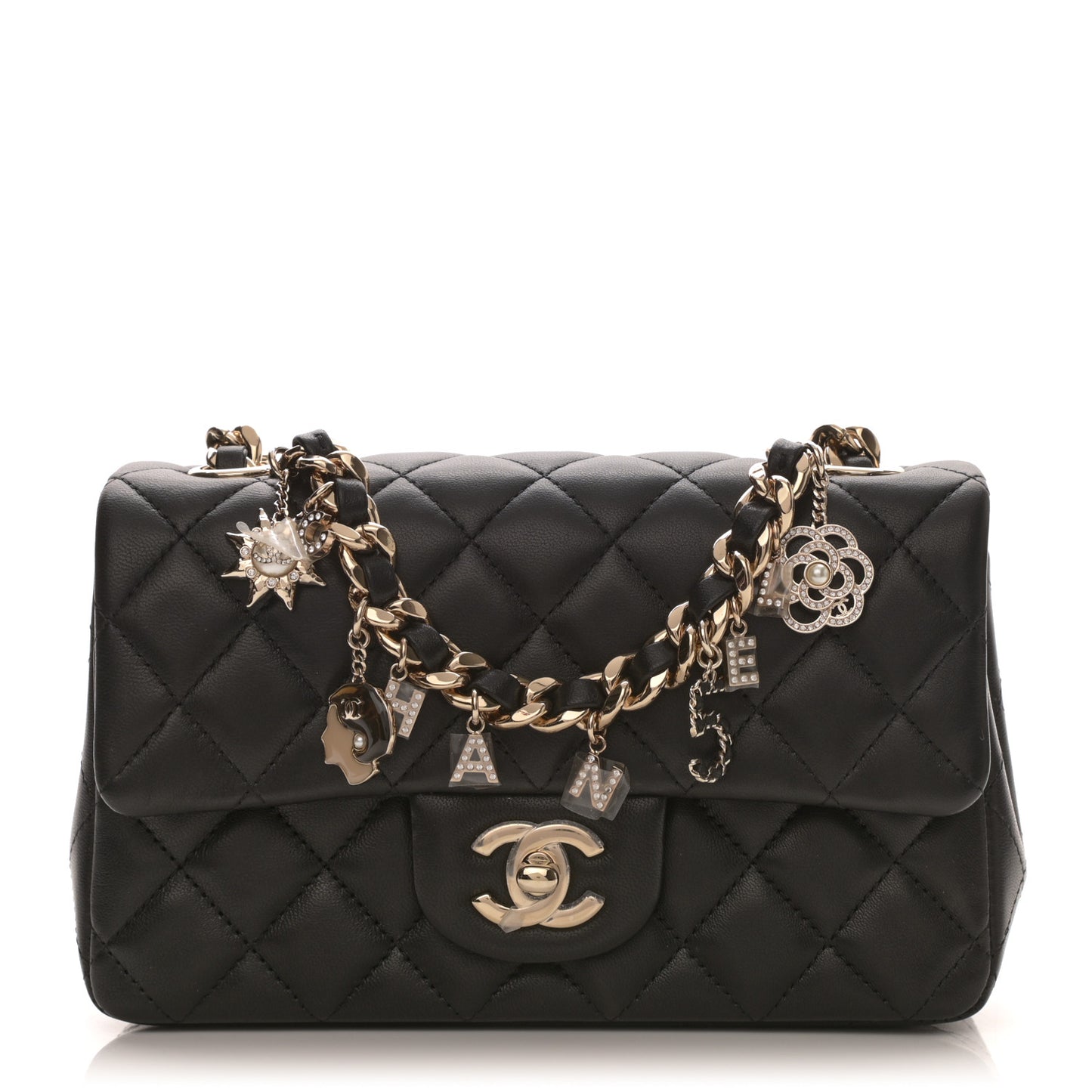 Lambskin Quilted Mini Coco Charms Rectangular Flap Black