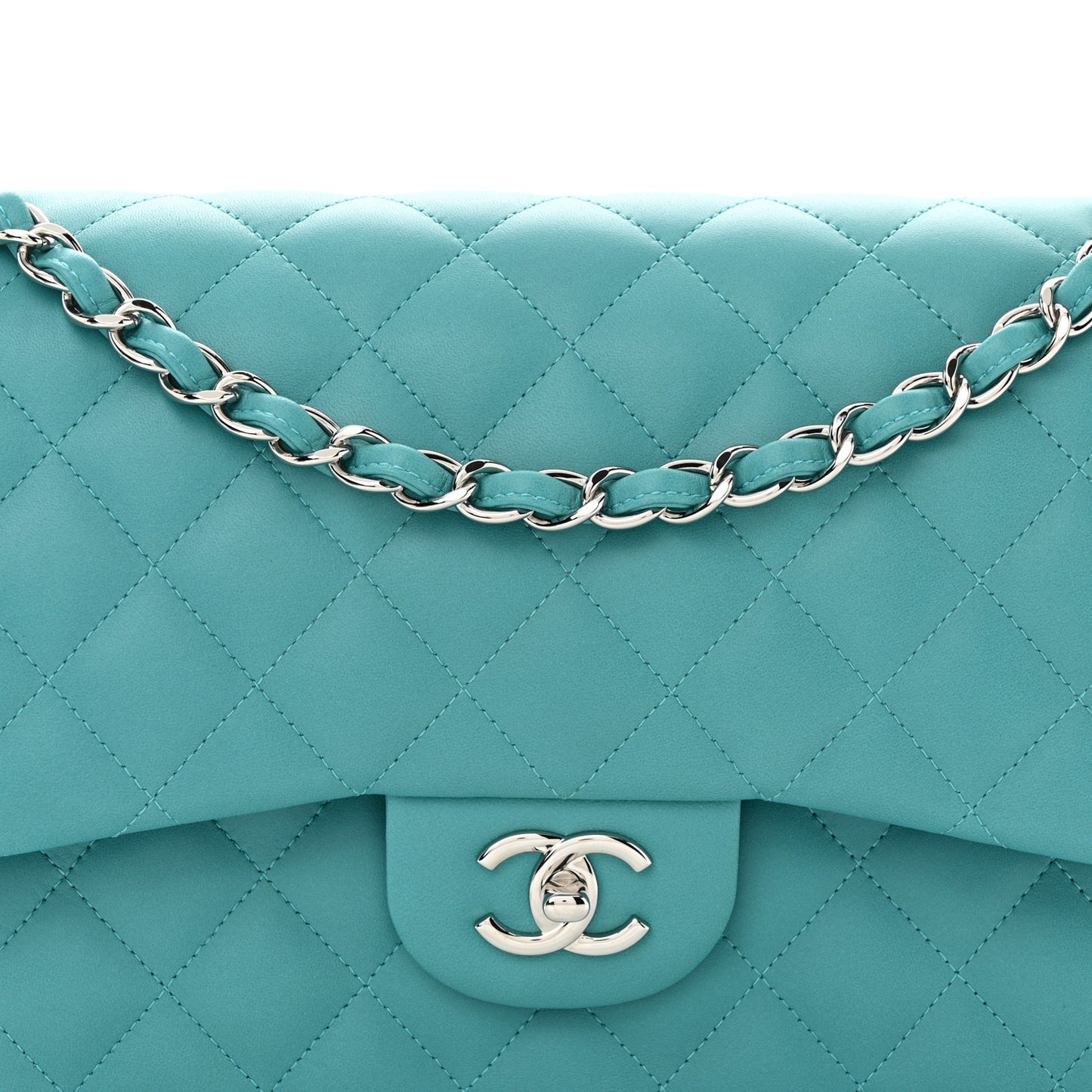 Lambskin Quilted Jumbo Double Flap Turquoise