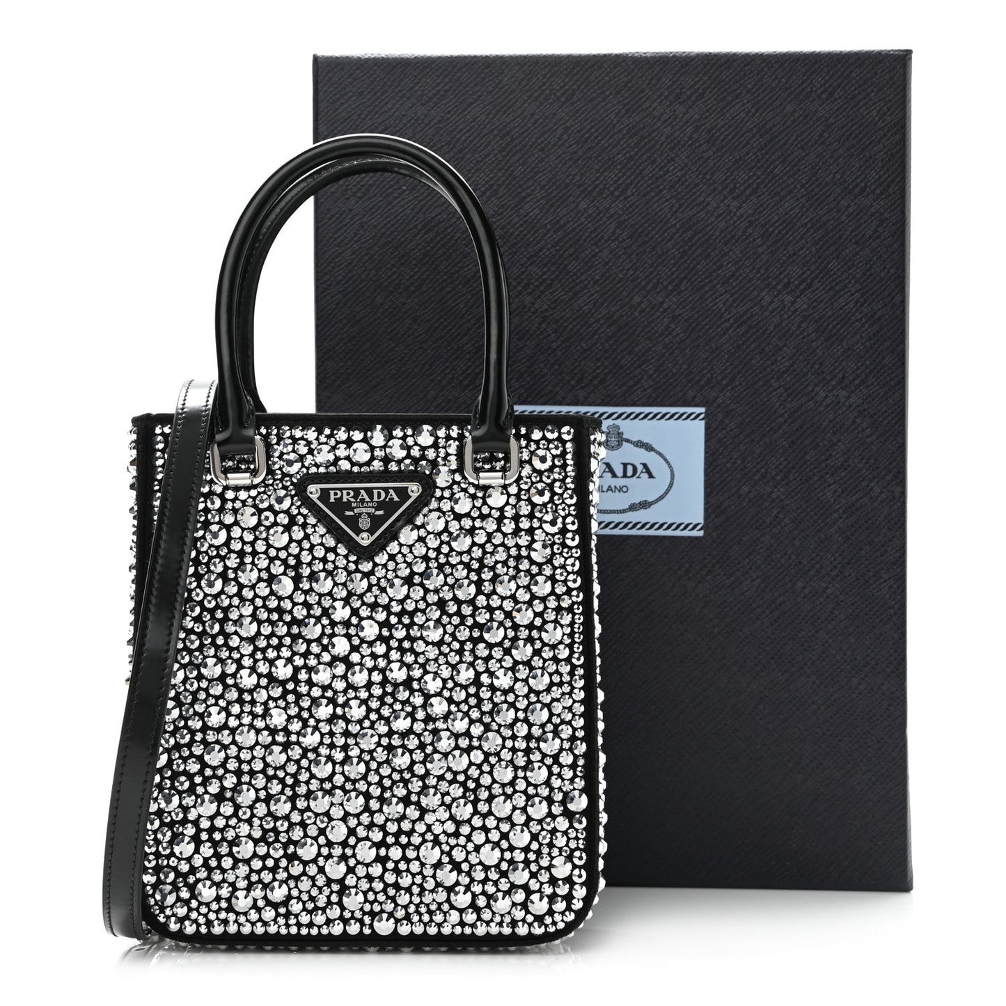 Satin Crystal Metal Triangle Logo Small Double Handle Crossbody Tote Metal