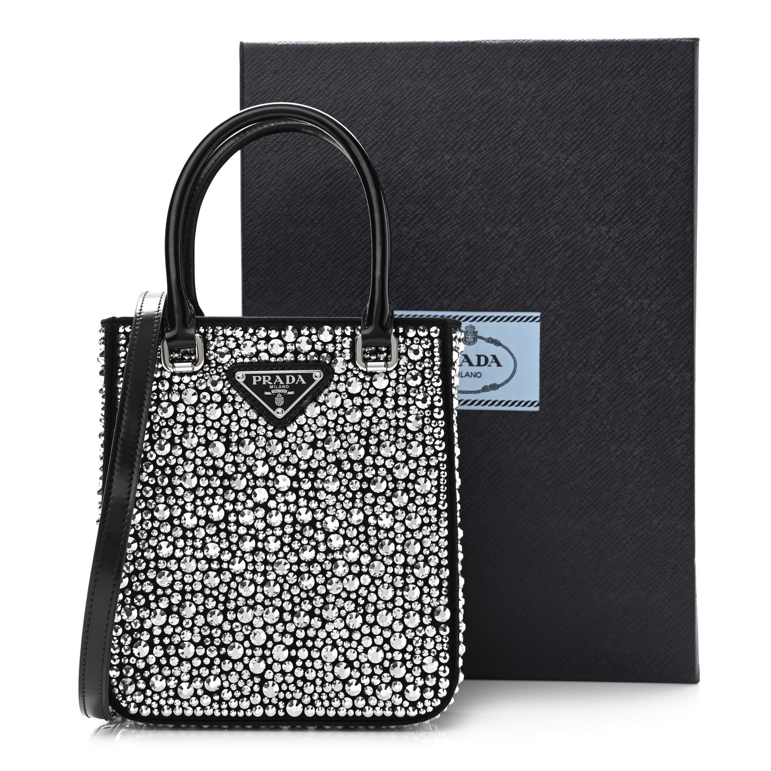 Prada Satin Crystal Metal Triangle Logo Small Double Handle Crossbody Tote Metal 10 of 10