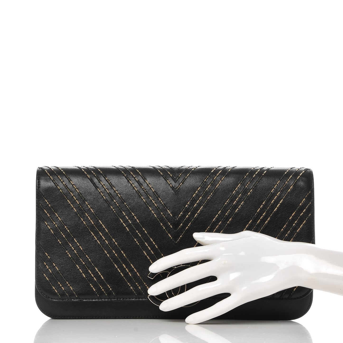 Lambskin Chain Chevron CC Clutch Black