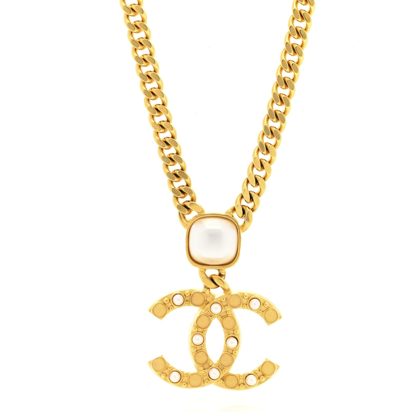 Metal Pearl CC Chain Pendant Necklace Gold